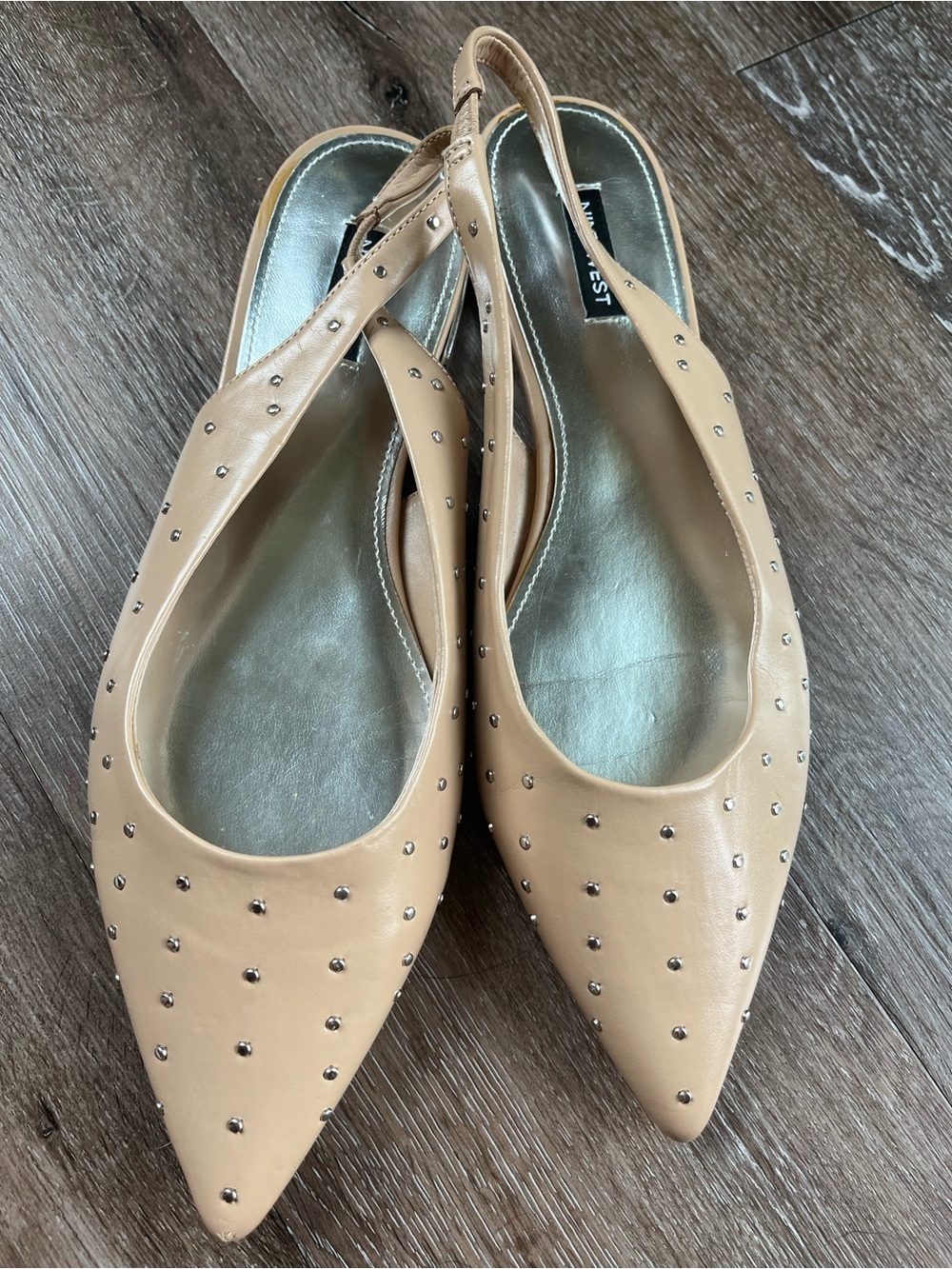 Nine West Beige Pointed Stud Slingback Flats